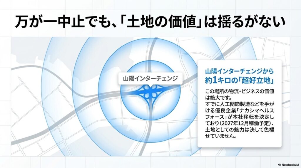 出店が中止になっても、山陽インター近郊の土地の価値は揺るがないことを示す地図と説明。