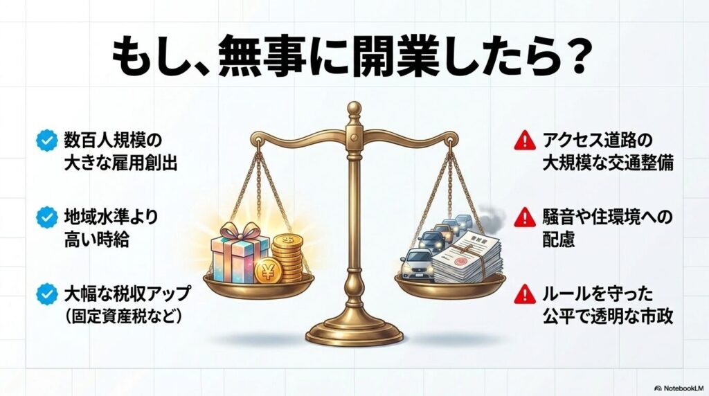 開業した場合の雇用・税収などのメリットと、交通・環境・市政などの課題を天秤で比較した図。