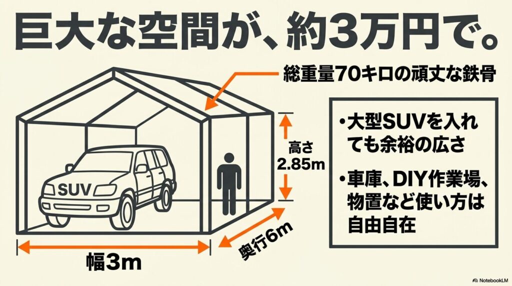 約3万円で設営可能な大型ガレージテントのサイズと主な用途の紹介。
