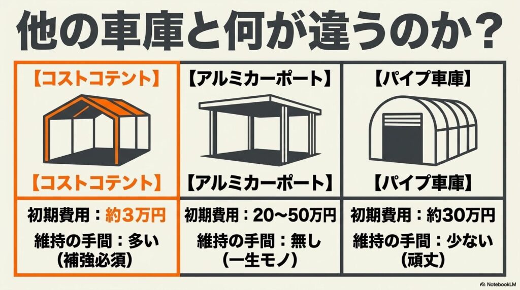 コストコ製テント、アルミ製カーポート、パイプ車庫の費用と手間の比較表。