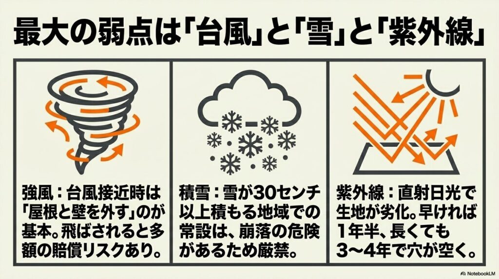 強風、積雪、紫外線という、ガレージテントが持つ3つの大きな弱点の解説。