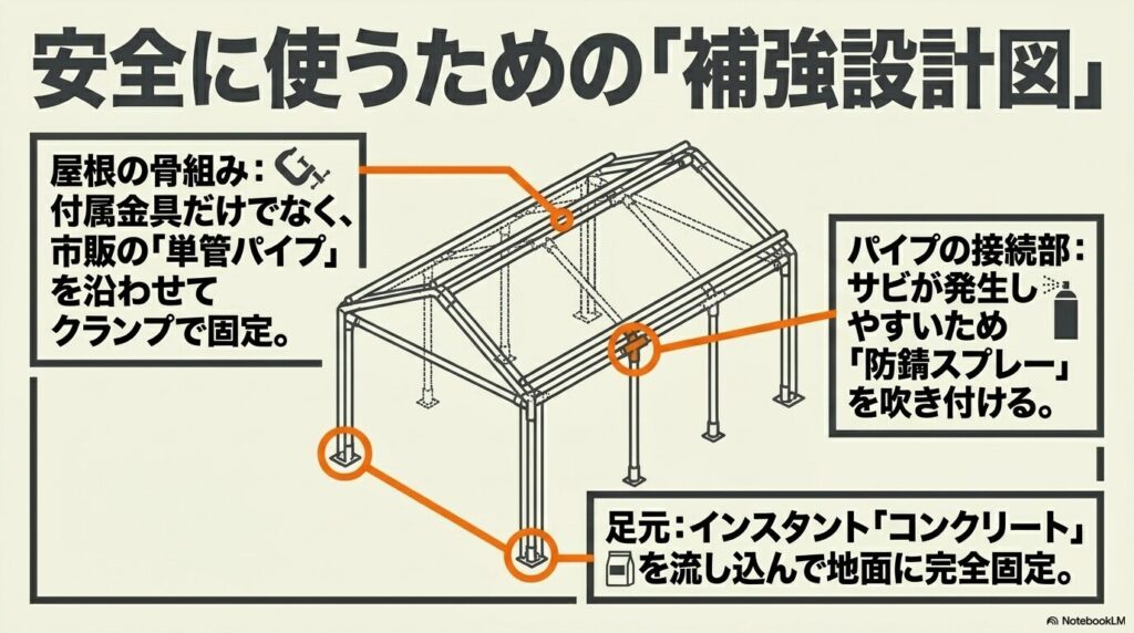 単管パイプやコンクリート、防錆剤を用いた安全な設置のための補強方法。