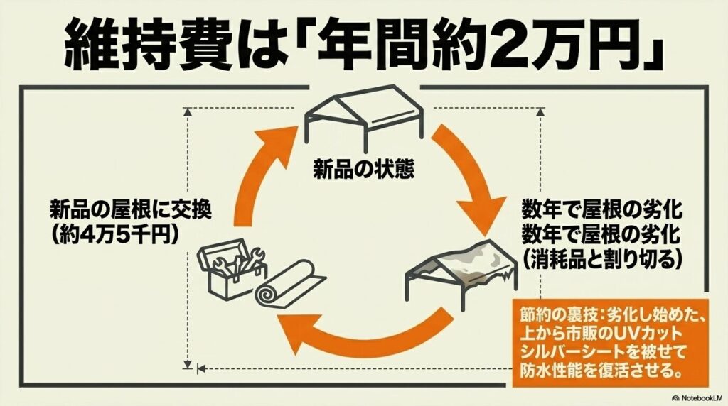 数年ごとの屋根交換サイクルと、劣化を防ぐ節約術を含めた維持費の目安。