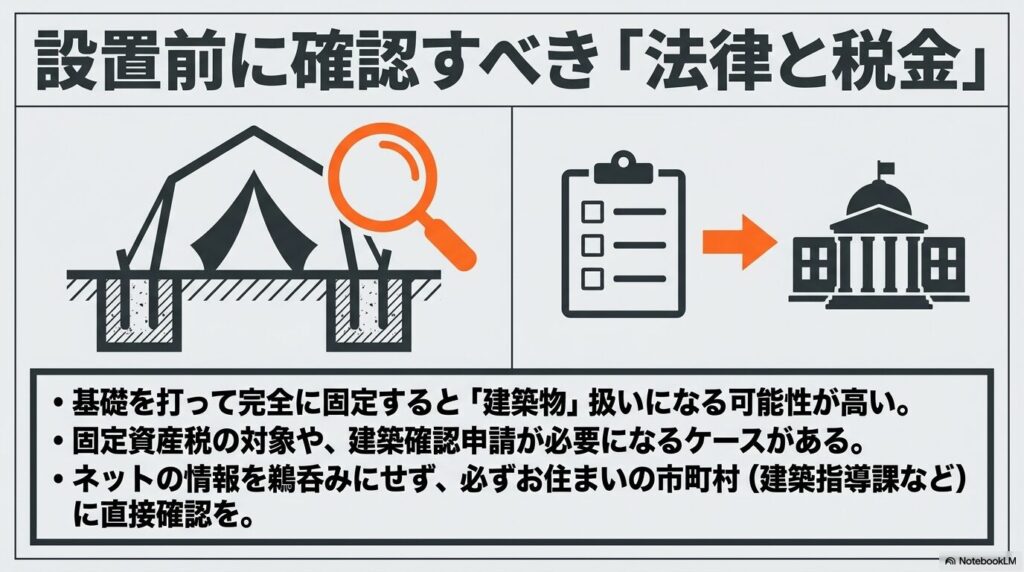 設置時の法律上の扱いや固定資産税、自治体への確認の重要性についての注意。