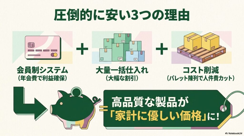 コストコがスタンレー水筒を安く提供できる3つの理由を解説するスライドです。