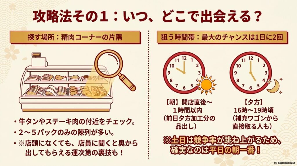 牛すじを見つけるための攻略法として、精肉コーナーでの探し場所と、朝と夕方の狙い目の時間帯を解説。