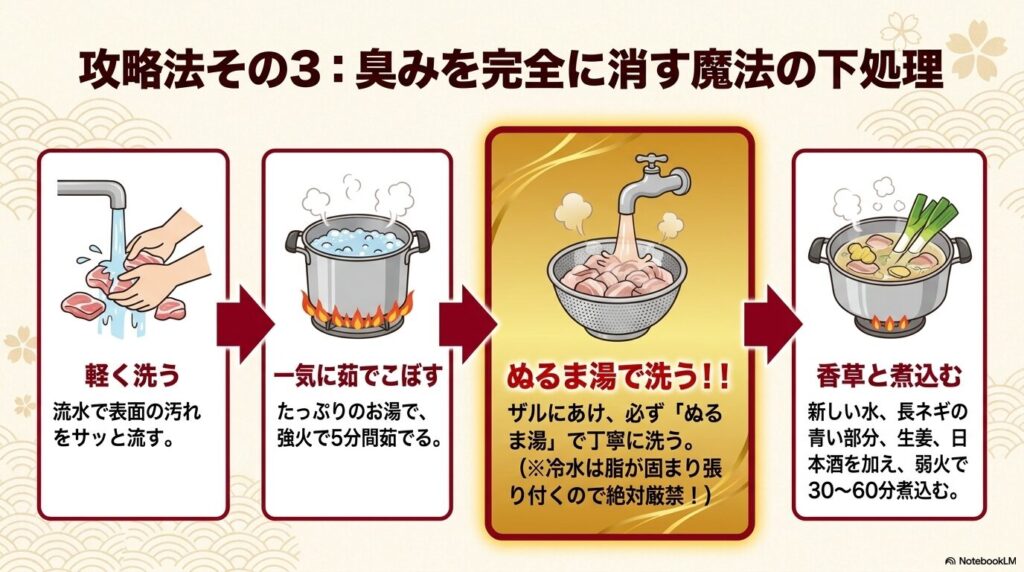 牛すじの臭みを完全に消すための、水洗い、茹でこぼし、ぬるま湯洗浄、香草煮込みの4つの下処理工程。