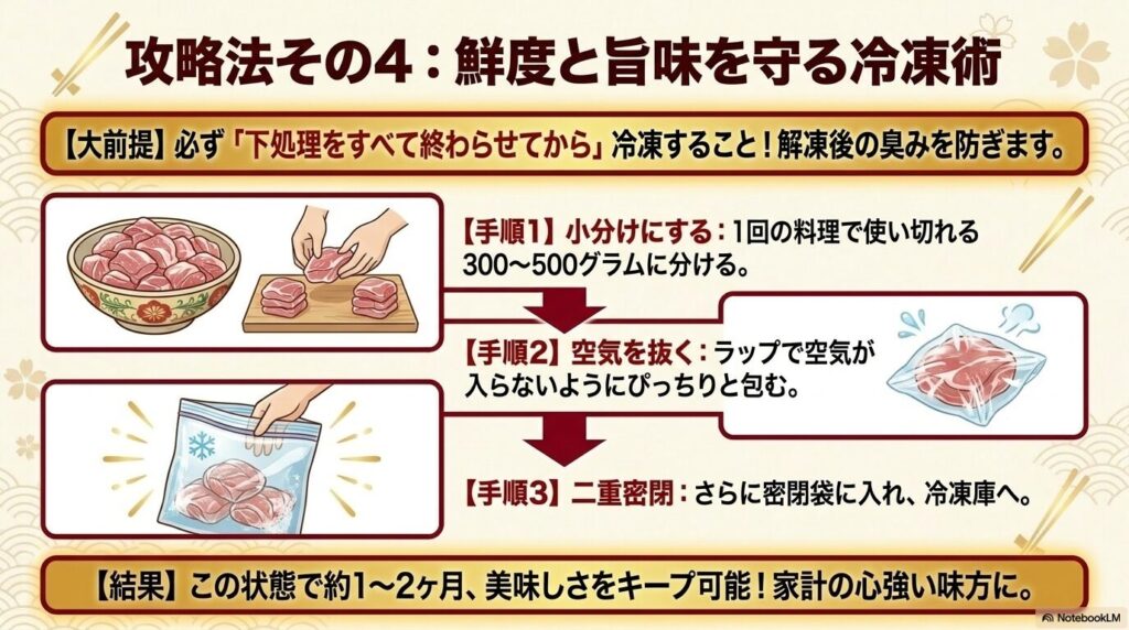 下処理後の牛すじを小分けにし、空気を抜いて二重密閉で冷凍保存する手順と、その保存期間について。
