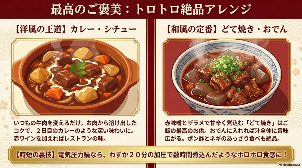 牛すじを活用した洋風のカレー・シチューや、和風のどて焼き・おでんなどの料理例と、圧力鍋による時短術。