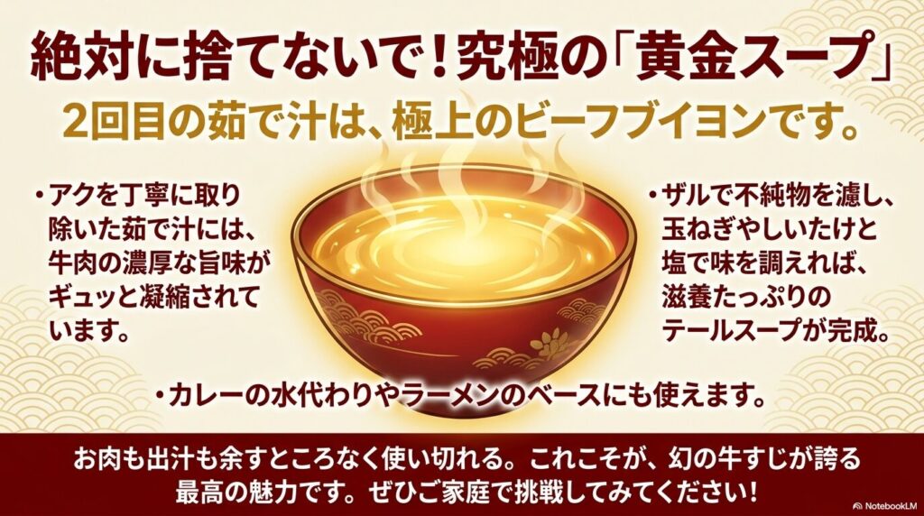 下処理の2回目の茹で汁を「黄金スープ」として、テールスープ、カレー、ラーメンのベースに活用する方法。