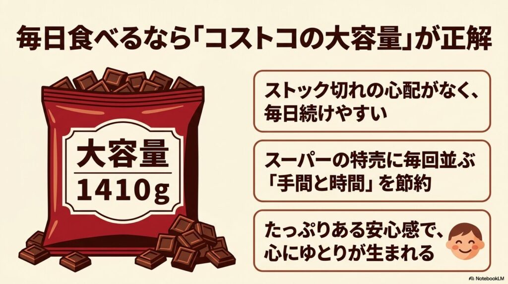 毎日食べる人向けにコストコの大容量1410gパックのメリット（継続のしやすさ、時短、安心感）を説明。