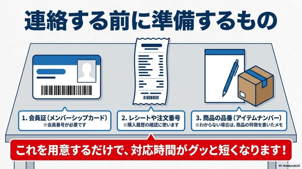 問い合わせの対応時間を短縮するために、会員証、レシート、商品の品番を事前に準備するよう勧める内容です。