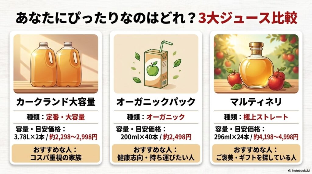 コストコで人気の3大りんごジュース、カークランド、オーガニックパック、マルティネリの比較まとめ。