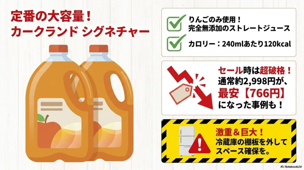 カークランドシグネチャーの特大サイズりんごジュースの特徴、セールの安さ、保管時の注意点を説明。