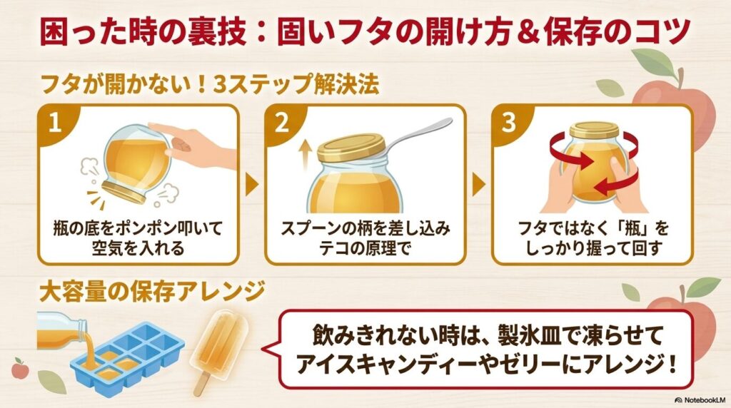 固い瓶の蓋を簡単に開ける3ステップの裏技と、余ったジュースの冷凍保存アレンジを紹介。
