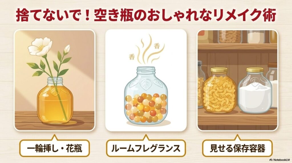 使用済みのマルティネリの空き瓶を、一輪挿し、芳香剤、保存容器として再利用するアイデアを紹介。