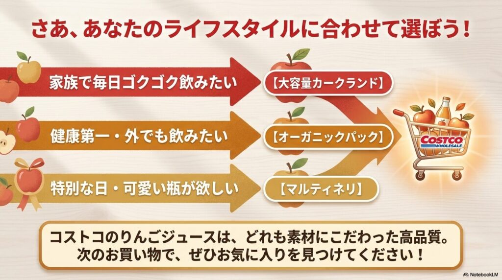 飲用シーンや目的に合わせて、3種類のコストコりんごジュースから最適なものを選ぶためのチャート。