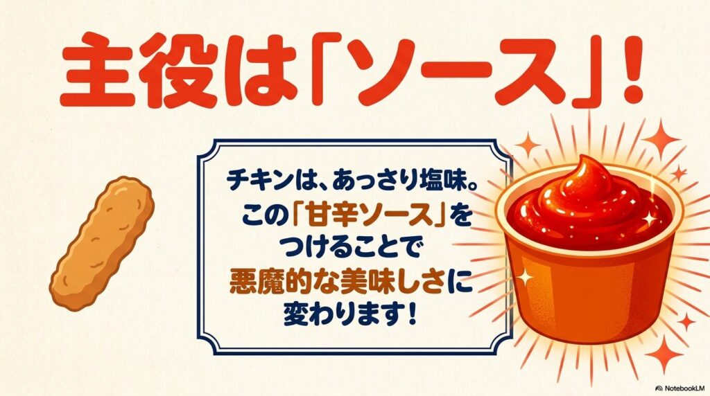 チキンの美味しさを引き立てる「甘辛ソース」が主役であることを説明するスライド。