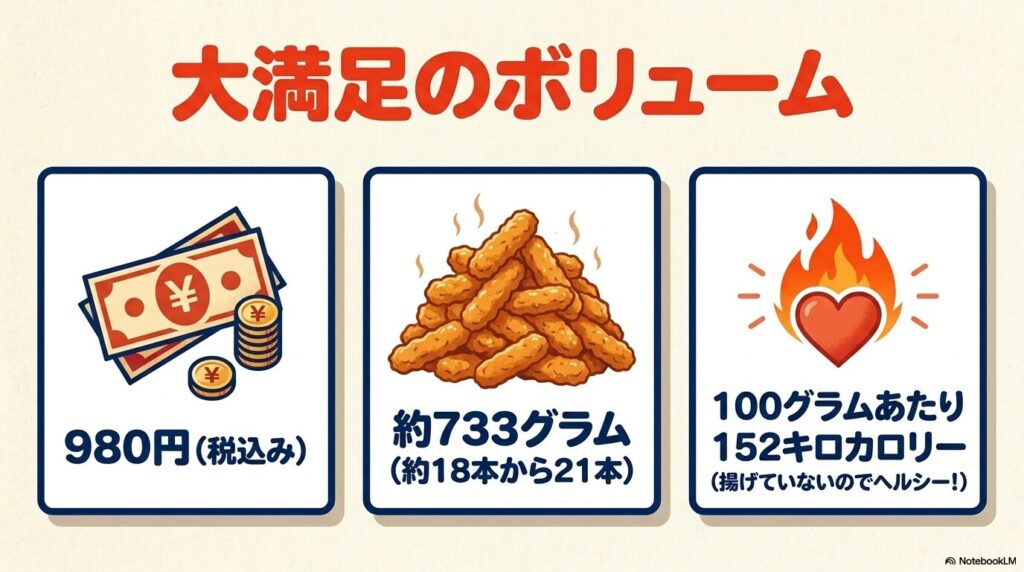 価格、内容量、カロリーなど、商品のボリュームとヘルシーさに関する詳細情報を紹介しています。