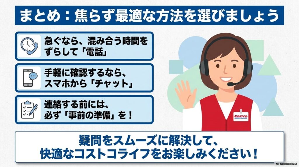 最適な問い合わせ方法の選択と事前準備の重要性をまとめ、スムーズな解決を促すスライドです。