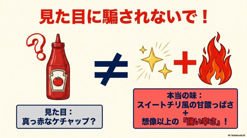 ソースの見た目はケチャップのようだが、実はかなり辛いスイートチリ味であることを説明しています。