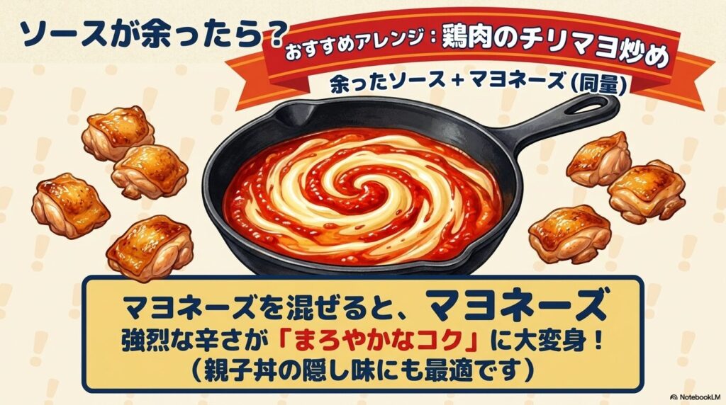 余ったソースにマヨネーズを混ぜて「鶏肉のチリマヨ炒め」にするアレンジレシピの紹介です。