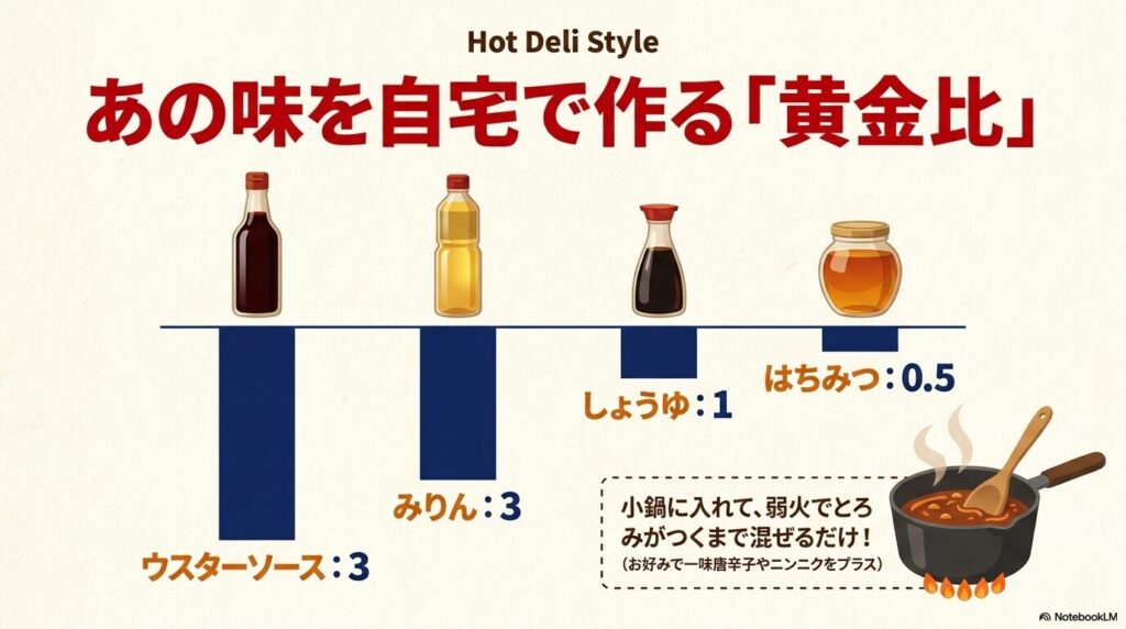 ウスターソース、みりん、醤油、蜂蜜を使って自宅でソースを再現する黄金比レシピを紹介しています。