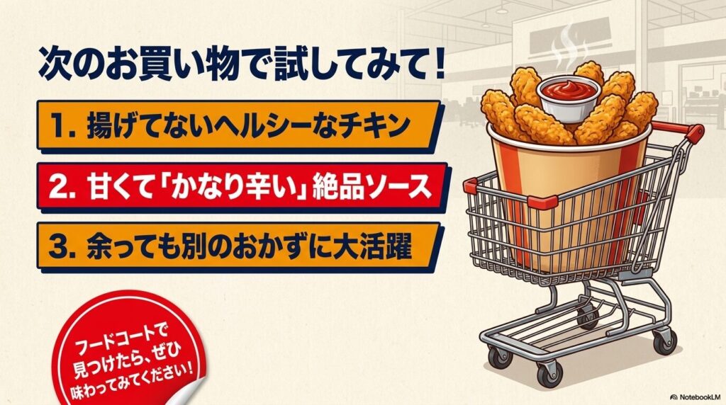 商品のまとめとして、ヘルシーなチキン、辛いソース、活用の幅広さを紹介する最終スライドです。