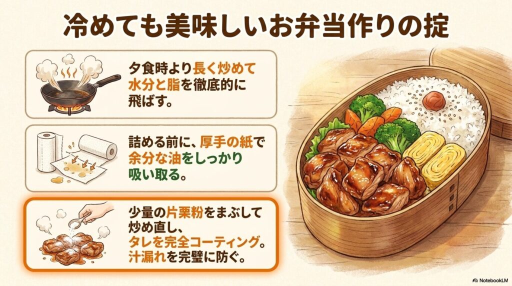 お弁当用においしく仕上げるための3つの掟（水分を飛ばす、油を吸い取る、片栗粉を使う）を紹介。