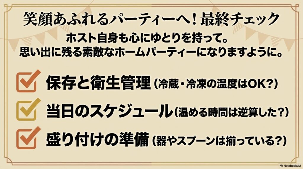 素敵なホームパーティーにするための、保存、スケジュール、盛り付けの最終チェック項目です。