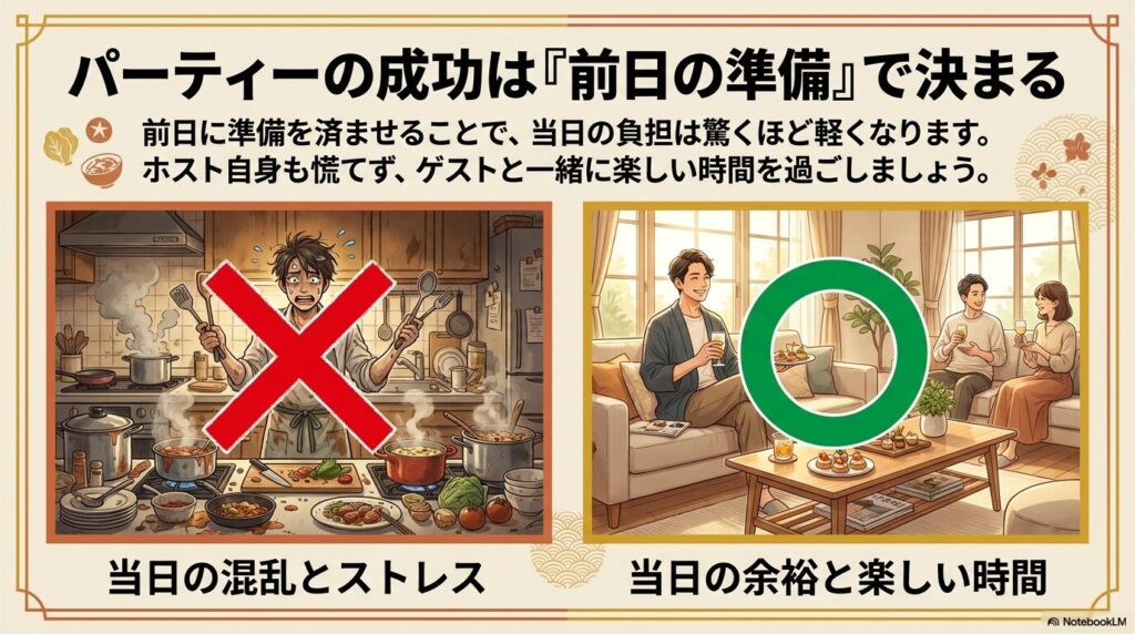 パーティーの成功には前日の準備が重要であることを、当日の混乱と余裕の対比で説明しています。