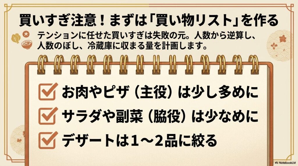 買いすぎを防ぐために、人数に合わせた買い物リストを作成するポイントを解説しています。