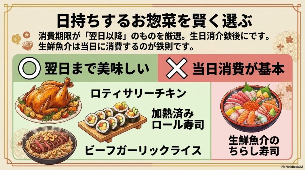 前日買い出しに適した日持ちする惣菜と、当日消費すべき生鮮食品の選び方を紹介しています。