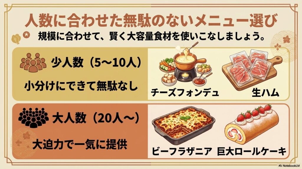 パーティーの人数規模に応じた、コストコ食材の賢い選び方を提案しています。
