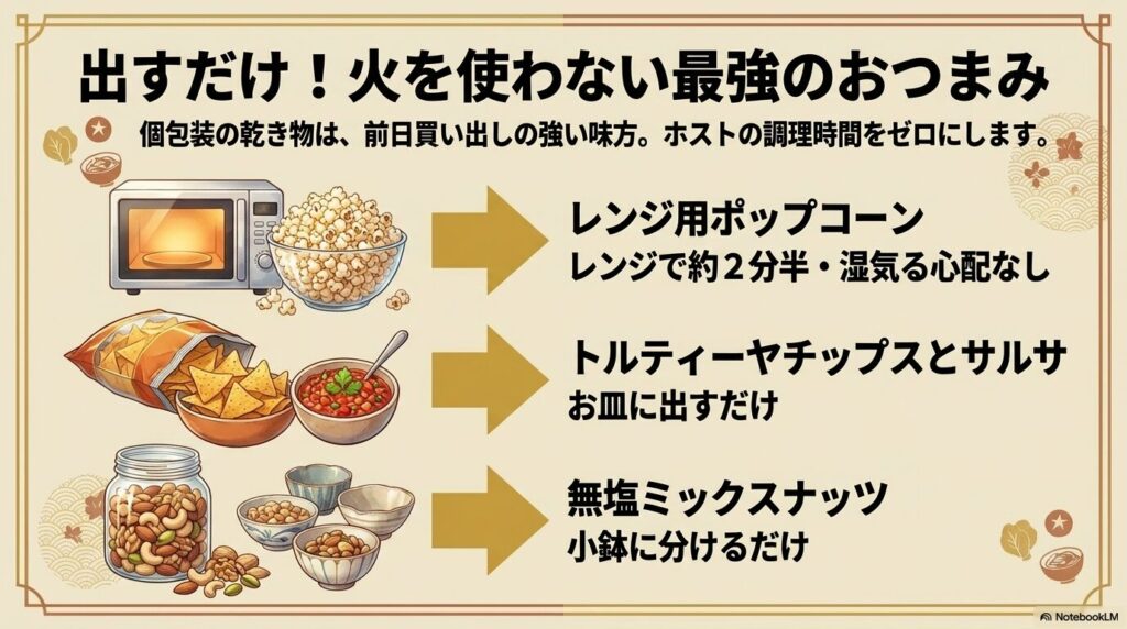 ホストの調理時間を削減する、火を使わずに出せるお手軽なおつまみを紹介しています。