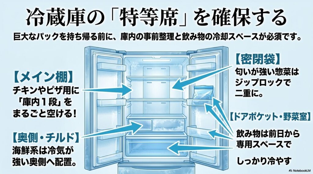コストコの大容量パックを収納するための、冷蔵庫の事前整理と配置のコツを解説しています。