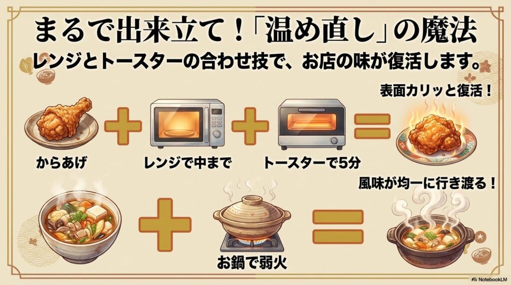惣菜を美味しく食べるための、レンジとトースターを活用した温め直しのテクニックです。