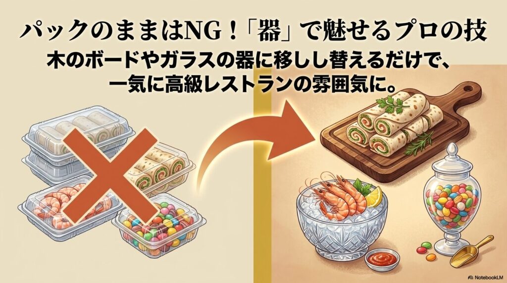 市販のパックから器に移し替えることで、料理の見た目を高級にする盛り付け術を紹介しています。