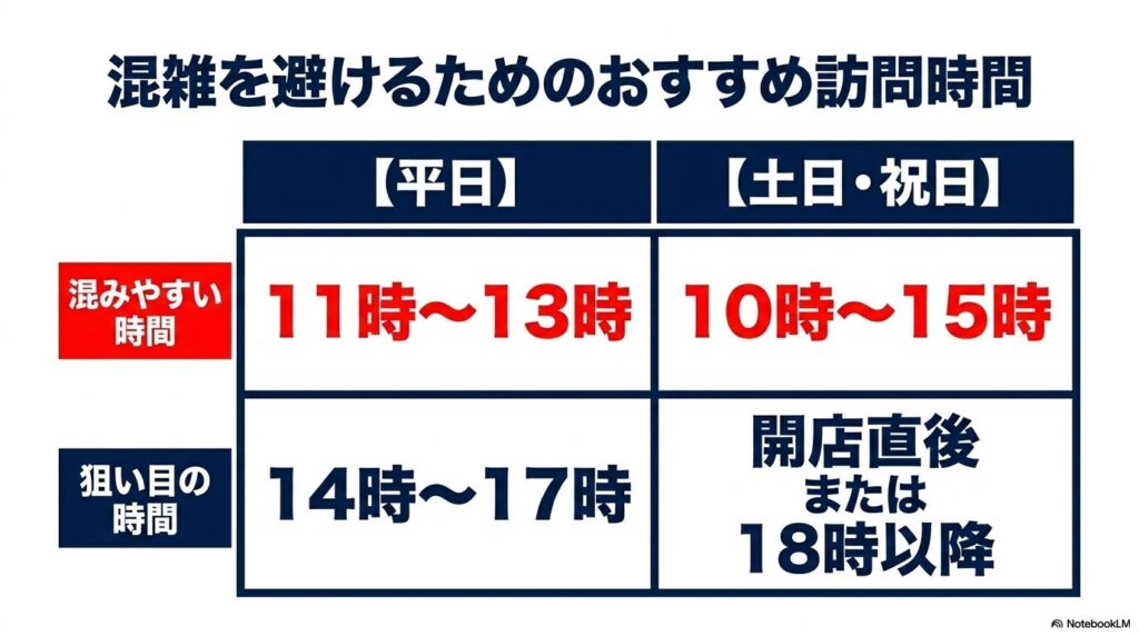 平日と土日祝日のそれぞれの時間帯における、混みやすい時間と空いている狙い目の時間をまとめた表です。