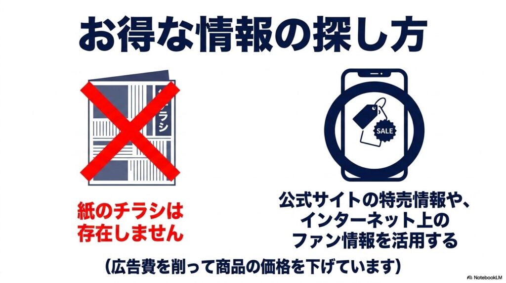 紙のチラシは存在せず、公式サイトやネット上の情報を活用することでコストを抑えていることを説明しています。