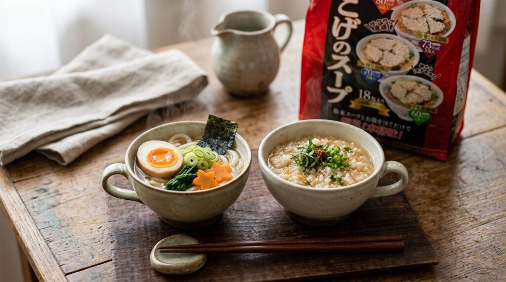 おこげスープアレンジレシピ、カップサイズの小さなボウルでうどんや雑炊にアレンジした2種類の創作料理を並べた食卓写真、実際の赤いパッケージを背景に配置