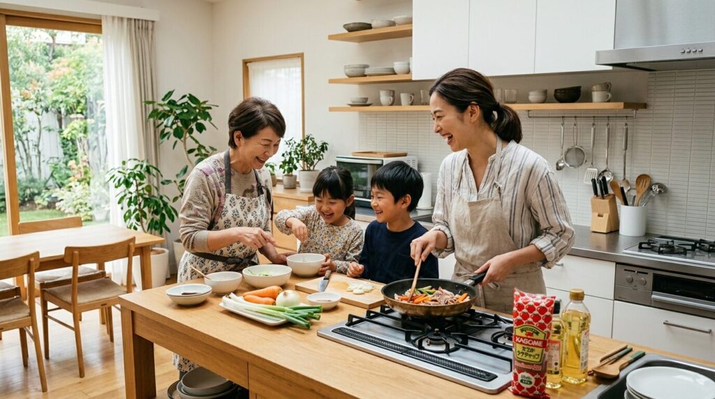 日本人家族が明るいキッチンで料理を楽しむ様子、ケチャップを使った家庭料理シーン