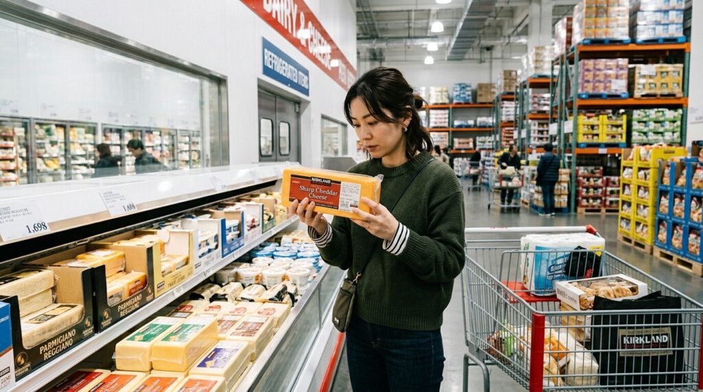 日本人女性がコストコの倉庫型店舗でチェダーチーズを選んでいるリアルなショッピングシーン