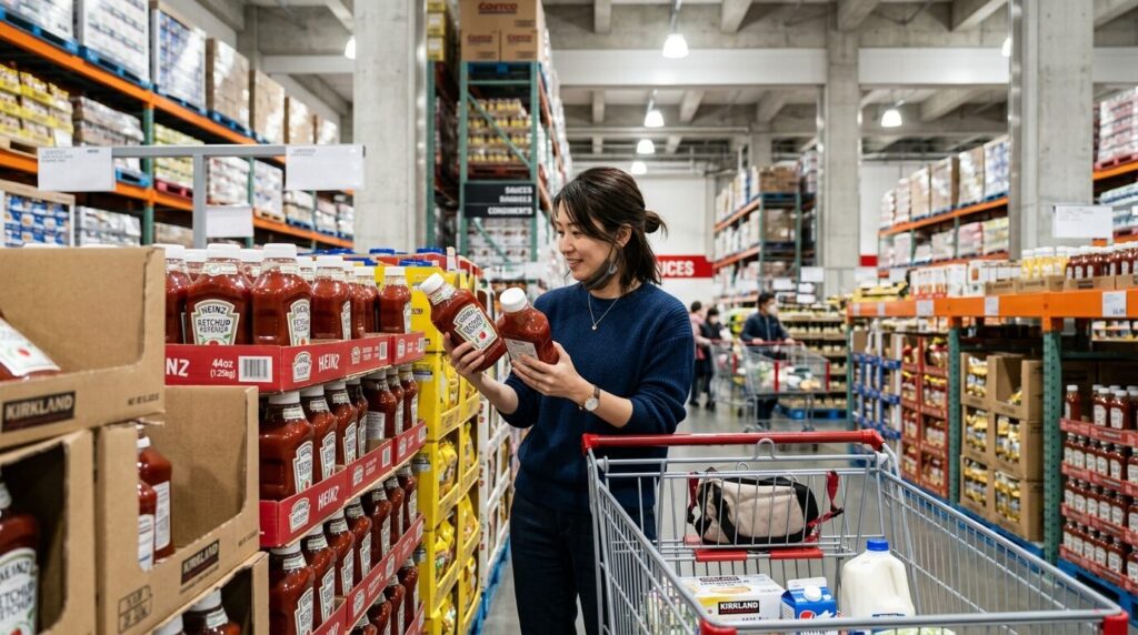 コストコの倉庫型店舗で大容量ケチャップを選ぶ日本人女性、賢い買い物シーン