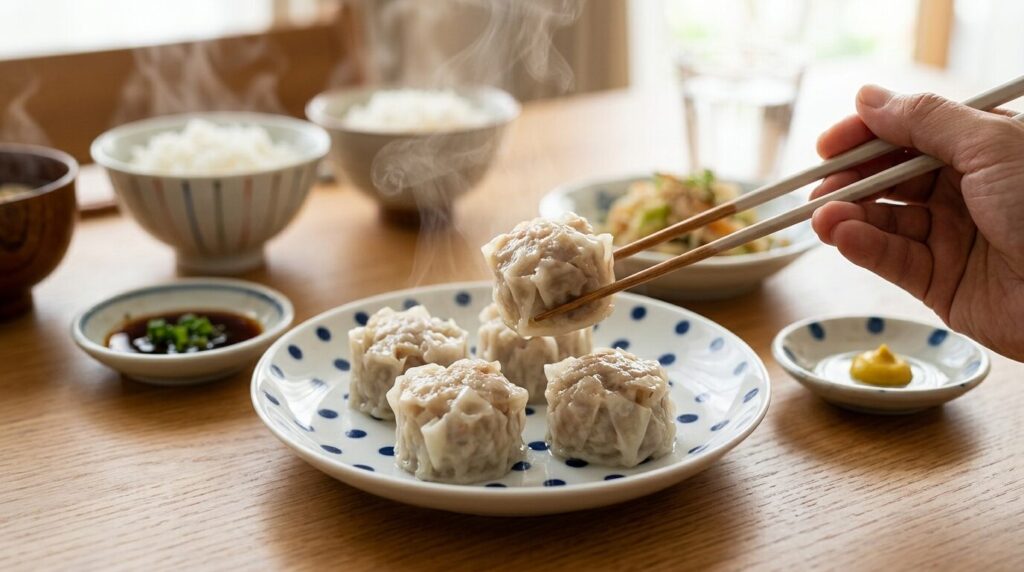 蒸したての焼売を箸で持ち上げる食事シーン、醤油と辛子の小皿を添えた日本の家庭的な食卓