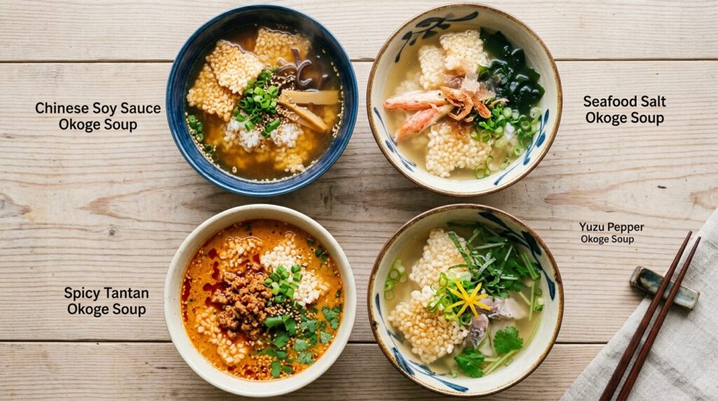 コストコおこげスープ4種類の味(中華しょうゆ・海鮮しお・ピリ辛坦々・ゆず胡椒)を並べた俯瞰フードフォト