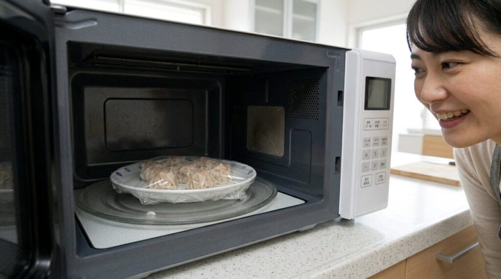 電子レンジで焼売を円形に並べて加熱する便利な調理方法、ラップをかけた状態