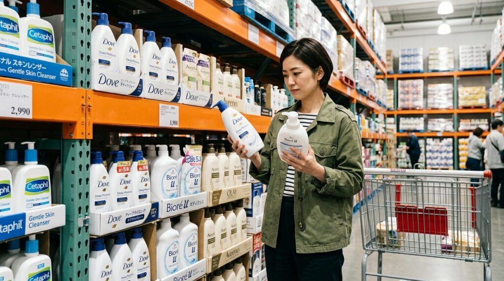コストコでDove・ビオレ・セタフィルなどブランド商品を比較検討する日本人女性