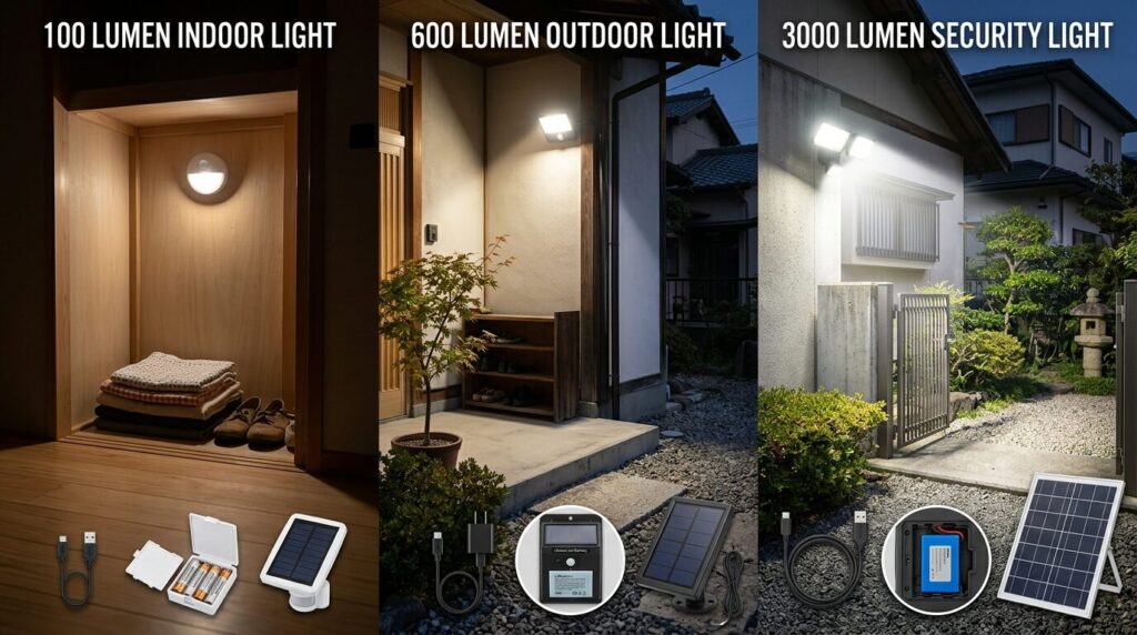 ソーラー・USB充電・電池式の電源タイプと100ルーメンから3000ルーメンまでの明るさを比較した図解