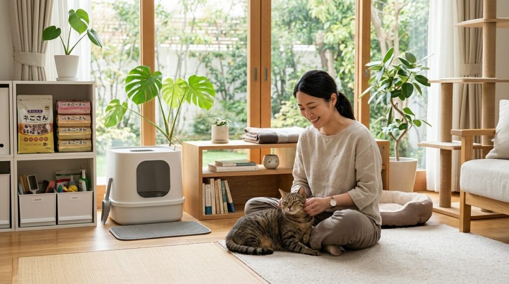 整理された猫用品と猫トイレのある清潔な日本の家で愛猫と幸せに過ごす日本人飼い主